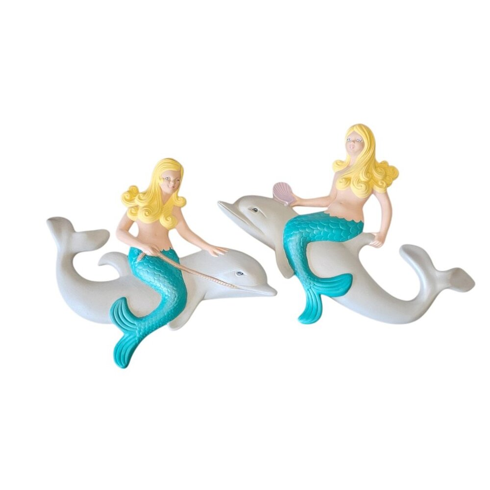 1960s Ceramic Mermaids Riding Dolphins Atlantic‎ Molds Handpainted Wall Hangings